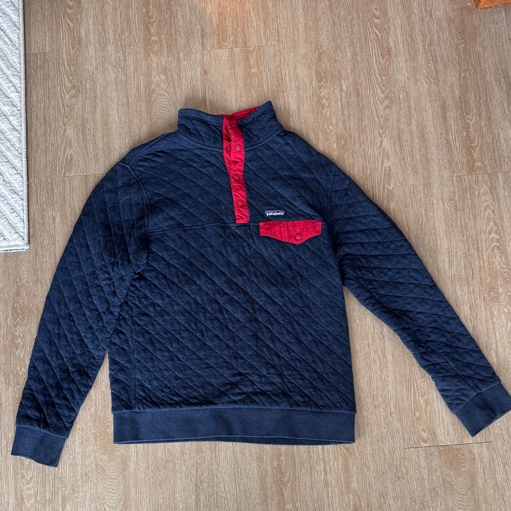 Patagonia Navy Quilted Zip-Up with Red Snap Placket